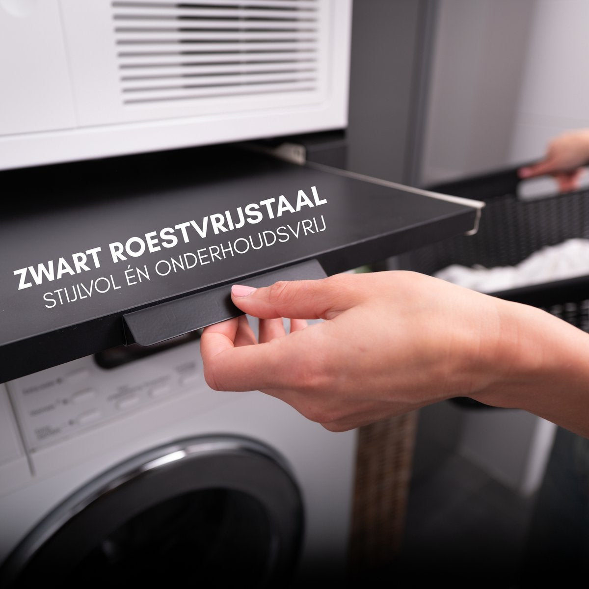 Norvi® Stapelkit - Tussenstuk - Uitschuifbare Plank met Handdoekhouder - Wasmachine en Droger - Zwart - Antislip - 2025