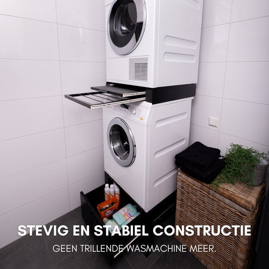 Norvi® Stapelkit - Tussenstuk - Uitschuifbare Plank met Handdoekhouder - Wasmachine en Droger - Zwart - Antislip - 2025