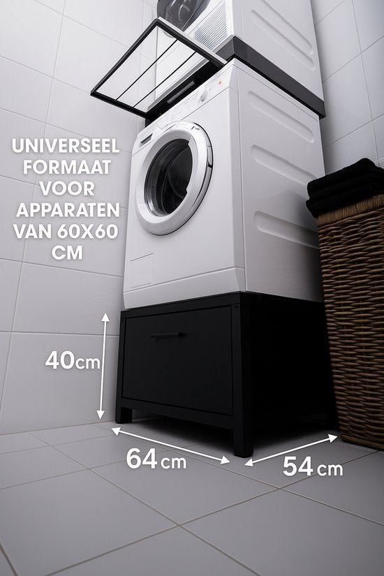Norvi® - Wasmachine Verhoger - Kast - Ombouw Met Lade - 63x54x40cm - Zwart - Met Stelvoet Stabilisatie - Antislip