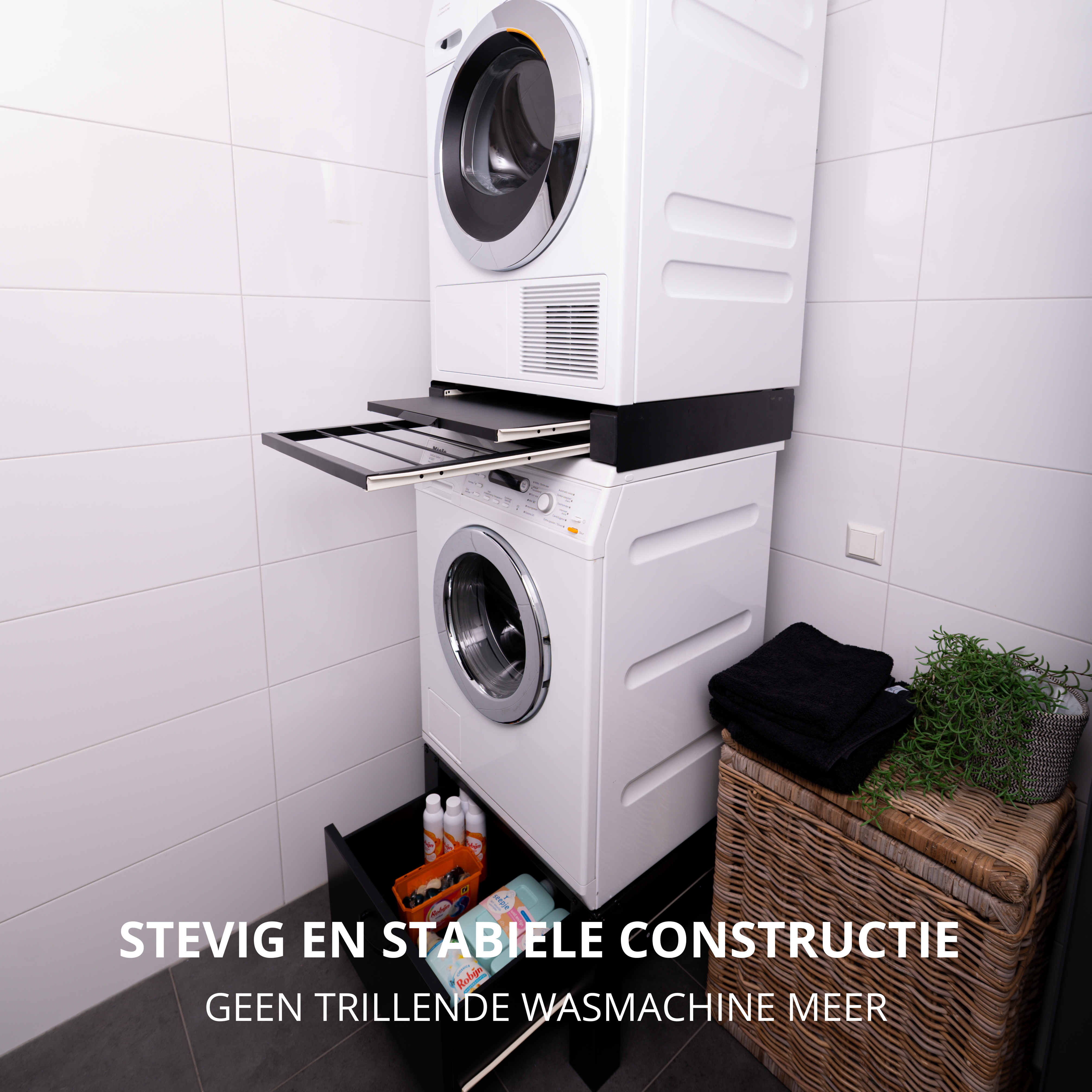 ProductXpert® Stapelkit - Tussenstuk - Uitschuifbare Plank met Handdoekhouder - Wasmachine en Droger - Zwart - Antislip - 2025